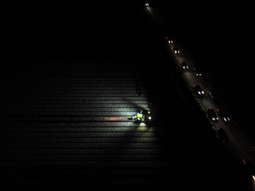 Auto's rijden in het donker langs verlicht tulpenveld